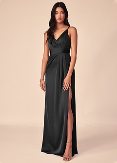 Azazie Aqua Vestidos de damas de honor Vestido de Negro de Satén Elástico de Corte en A con Cuello en V plisado image1