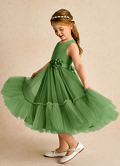 Azazie Miracle Abiti da Ragazza di Fiori Abito A-Line in Raso Opaco Fiocco Basilico image1