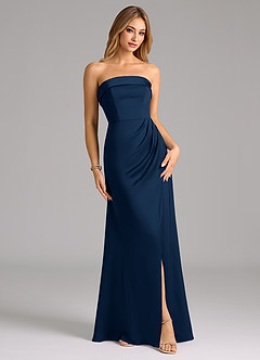 Azazie Aretha Brautjungfernkleider Wandelbar A-Linie Schulterfrei Stretch-Satin Kleid Dunkelmarine image1