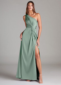 Azazie Brooke Bridesmaid Dresses Agave A-Line One Shoulder Stretch Satin Dress image2
