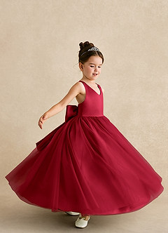 Azazie Peanut Robe Demoiselle D'honneur Fillette Robe Trapèze en Tulle Bretelle Écarlate image5