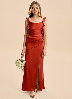Azazie Jessamine Junior Rust A-Line Ruched Stretch Satin Dress image1