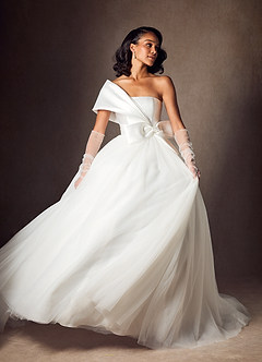 Azazie Destina Wedding Dresses Diamond White Ball-Gown Pleated Mikado Dress image3