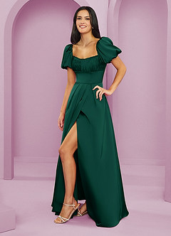 Barbie ♥ Azazie Bridesmaid Dresses Emerald A-Line Ruched Stretch Satin Dress image3