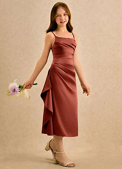 Azazie Canna Girls Formal Abiti da Ragazza di Fiori Abito A-Line in Raso Elasticizzato Plissettato Terracotta image3