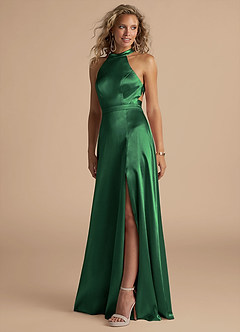 Azazie Clarice Bridesmaid Dresses Dark Green A-Line High Neck Metallic Satin Dress image1