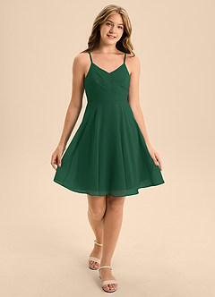 Azazie Avelina Junior Dark Green A-Line Pleated Chiffon Dress image3