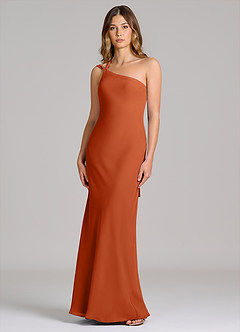 Azazie Monroe Robes de demoiselle d'honneur Robe Fourreau en Mousseline de soie Une épaule Orange Brûlée image1