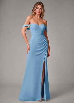 Azazie Haisley Bridesmaid Dresses Steel Blue Sheath Off the Shoulder Chiffon Convertible Dress image3