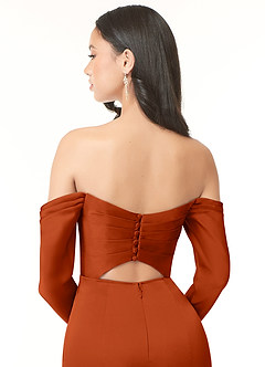 Azazie Hallie Bridesmaid Dresses Paprika Sheath Off-The-Shoulder Long Sleeve Stretch Satin Convertible Dress image7