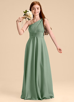Azazie Charlize Junior Abito A-Line in Raso Elasticizzato Plissettato Matcha image6
