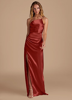Azazie Eren Bridesmaid Dresses Rust Sheath One Shoulder Metallic Satin Dress image3