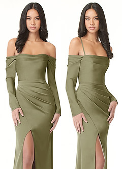 Azazie Hallie Vestidos de damas de honor Vestido de Pistacho de Satén Elástico de Corte Recto Convertible con Manga larga con hombros descubiertos image9
