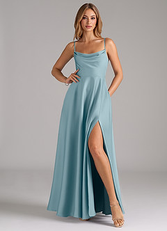 Azazie Elle Robes de demoiselle d'honneur Robe Trapèze en Satin extensible Plissée Bleu Maussade image3