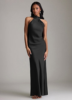 Azazie Cassiana Vestidos de damas de honor Vestido de Negro de Satén Elástico de Corte Sirena con Plisado image1