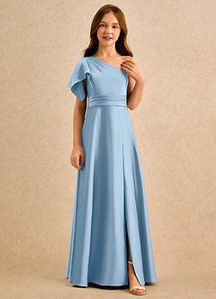 Azazie Jazzy Girls Formal Flower Girl Dresses Powder Blue A-Line One Shoulder Stretch Satin Dress image4