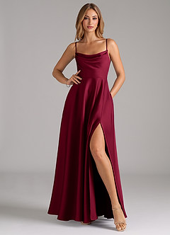 Azazie Elle Bridesmaid Dresses Burgundy A-Line Pleated Stretch Satin Dress image3