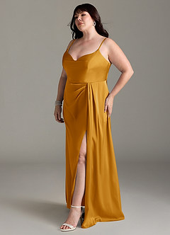 Azazie Brielle Bridesmaid Dresses Butterscotch A-Line Cowl Spaghetti Straps Stretch Satin Dress image10