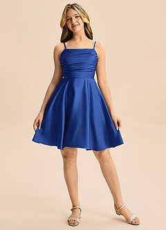 Azazie Miko Junior Royal Blue A-Line Pleated Stretch Satin Dress image5