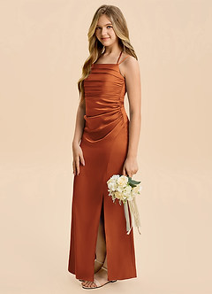 Azazie Nova Junior Cinnamon Sheath Pleated Stretch Satin Dress image4