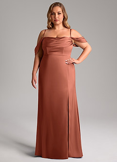 Azazie Saige Bridesmaid Dresses Clay Sheath Off the Shoulder Stretch Satin Dress image14