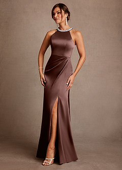 Azazie Lawrence Mother of the Bride Dresses Espresso A-Line Pleated Stretch Satin Dress image2