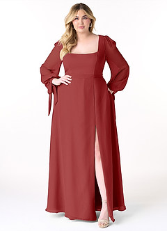 Azazie Leonia Robes de demoiselle d'honneur Robe Trapèze en Mousseline de soie Manche longue Rouille image11