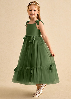 Azazie Jaci Robe Demoiselle D'honneur Fillette Robe Trapèze en Mousseline de soie Bretelle Spaghetti Olive image1