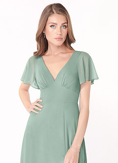 Azazie Kimber Bridesmaid Dresses Agave A-Line Flounce Sleeve Chiffon Dress image6