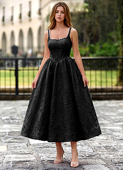 Sephone Black Square Neck Pearl Corset Midi Dress image6