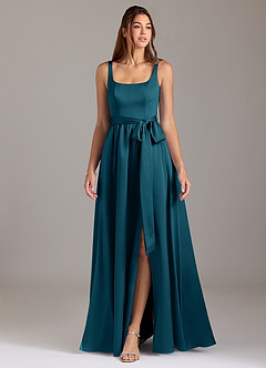 Azazie Elliott Bridesmaid Dresses Ink Blue A-Line with Pockets Stretch Satin Dress image3