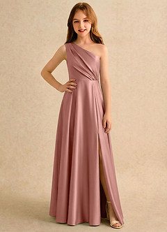 Azazie Puddles Girls Formal Flower Girl Dresses Rosette A-Line One Shoulder Stretch Satin Dress image1