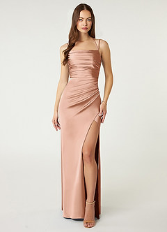 Azazie Desi Bridesmaid Dresses Rose Gold Sheath Halter Corset Stretch Satin Dress image1