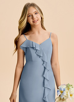 Azazie Iris Junior Dusty Blue A-Line Ruched Chiffon Dress image6