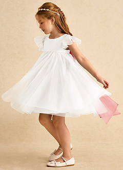 Azazie Munchkin Flower Girl Dresses Ivory Coral A-Line Bow Tulle Dress image5