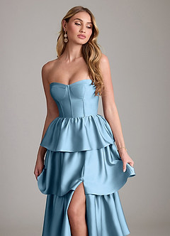 Azazie Faye Bridesmaid Dresses Steel Blue A-Line Ruched Stretch Satin Dress image5