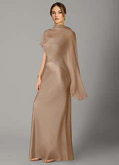 Azazie Jaleesa Bridesmaid Dresses Taupe A-Line High Neck Stretch Satin Dress image4