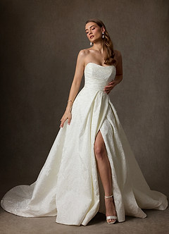 Azazie Paloma Wedding Dresses Antique White Ball-Gown Strapless Floral Jacquard Dress image6