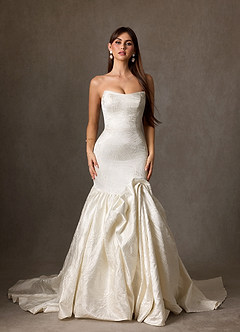 Azazie Quinta Wedding Dresses Antique White Mermaid Strapless Floral Jacquard Dress image1