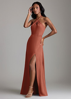 Azazie Tracie Vestidos de damas de honor Vestido de Castaño de Satén Elástico de Corte en A con Corte Lateral image4