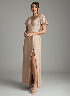 Azazie Kimber Bridesmaid Dresses Taupe A-Line Flounce Sleeve Chiffon Dress image5