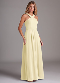 Azazie Dixie Bridesmaid Dresses Lemon Sorbet A-Line Halter Pleated Chiffon Dress image4