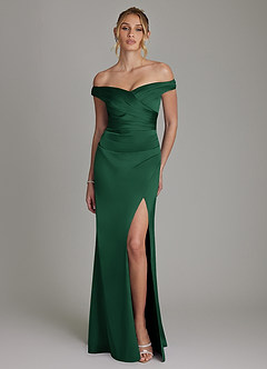Azazie Teyana Bridesmaid Dresses Dark Green Sheath Off the Shoulder Stretch Satin Dress image4