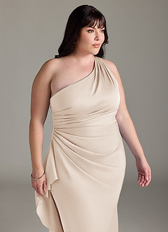 Azazie Latrice Bridesmaid Dresses White Alabaster Sheath One Shoulder Cascading Ruffles Stretch Satin Dress image11