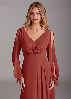 Azazie Matilda Bridesmaid Dresses Terracotta A-Line Long Sleeve Chiffon Dress image6