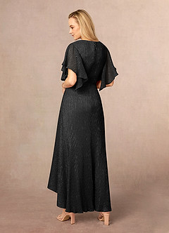 Azazie Mollina Mother of the Bride Dresses Black A-Line Ruffle Flutter Sleeve Metallic Mesh Dress image3