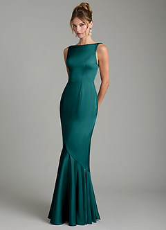 Azazie Tamera Bridesmaid Dresses Peacock Mermaid Pleated Stretch Satin Dress image2