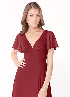 Azazie Kimber Bridesmaid Dresses Pomegranate A-Line Flounce Sleeve Chiffon Dress image5