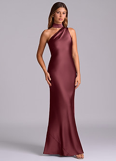 Azazie Seona Robes de demoiselle d'honneur Robe Sirène en Satin extensible Une épaule Merlot image3