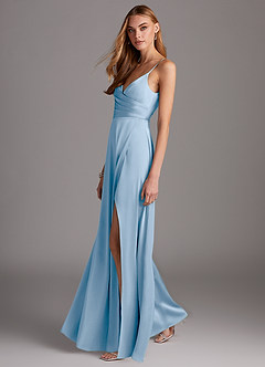 Azazie Calissa Final Sale Agave A-Line V-Neck Pleated Stretch Satin Dress image4